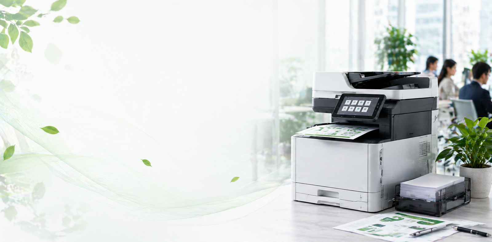 Office printer and professionals reviewing documents